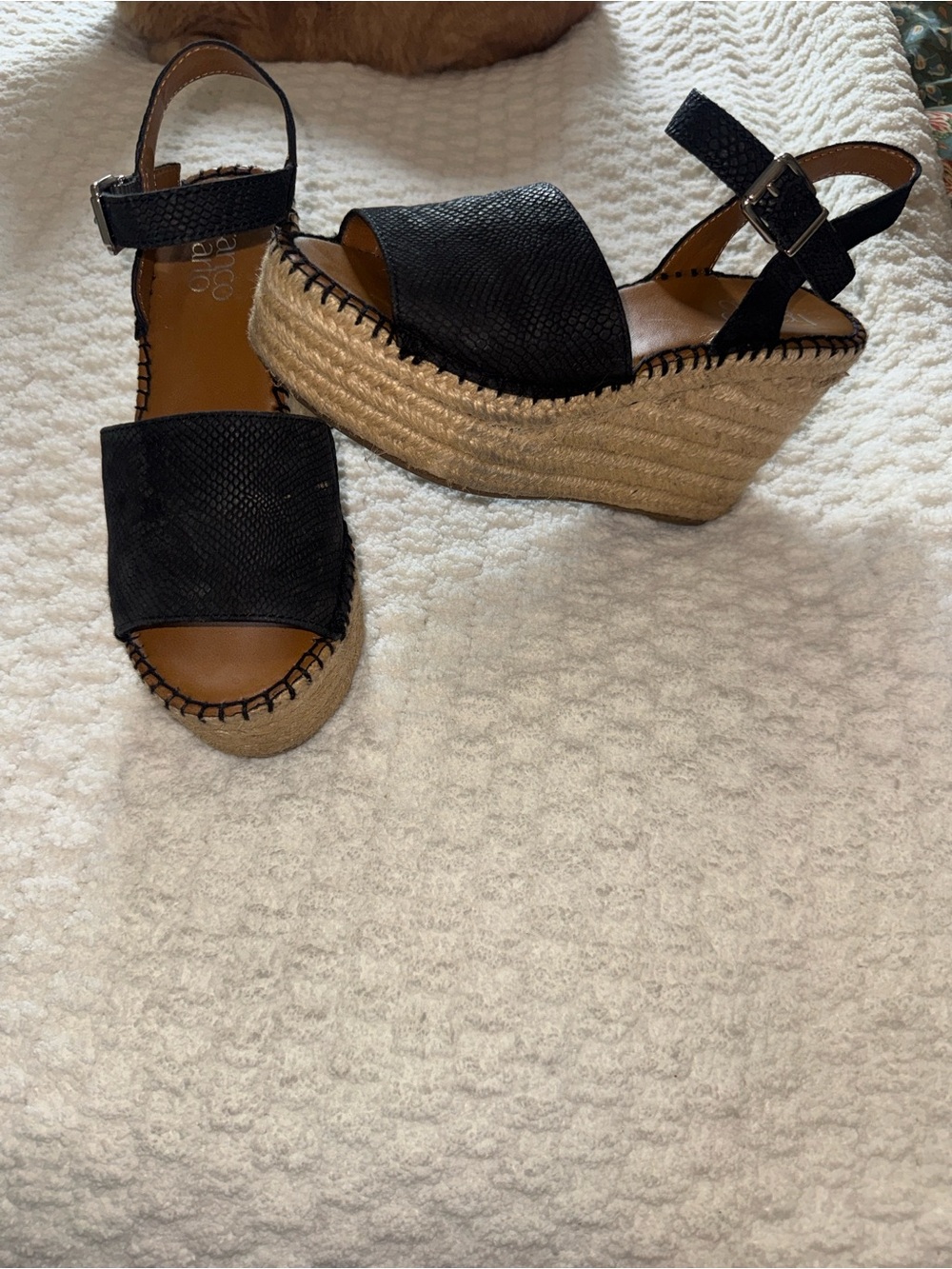 Franco Sarto Black Espadrille Wedge Sandals with Jute Platform 5.5